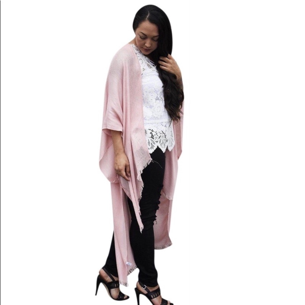 Blush Open Grid Frayed Trim Arm Hole Kimono - Picture 2 of 8